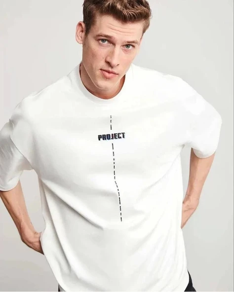 Erkek Kısa Kol Yazlık Tişört Bisiklet Yaka Baskılı Oversize T-Shirt - Beyaz ürün görseli 1
