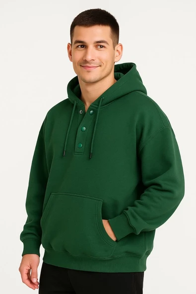 Erkek Kapüşonlu Hoodie Cepli Çıtçıtlı 3 İplik Pamuklu Sweatshirt - Haki ürün görseli 1