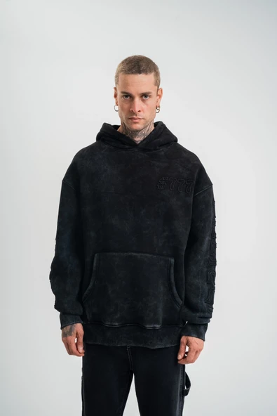 ERKEK 3 iplik Pamuklu Kapüşonlu Yıkamalı Nakışlı Hoodie SweatShirt - Siyah ürün görseli 1