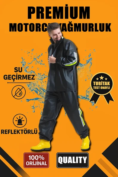 Erkek Premium Motorcu Kurye Yağmurluk Takım Su Geçirmez PVC Kumaş Reflektörlü  - Siyah ürün görseli 1