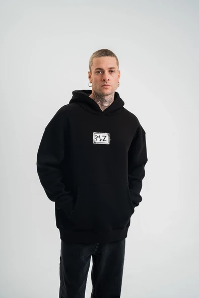 ERKEK 3 İplik Pamuklu Kapüşonlu Patchli Nakışlı Hoodie SweatShirt - Siyah ürün görseli 1