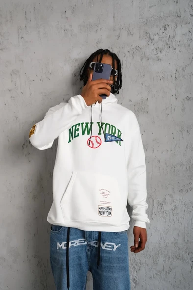 Erkek 3 İplik Pamuklu Kapüşonlu Baskılı Cepli Oversize Sweatshirt Hoodie - Beyaz ürün görseli 1