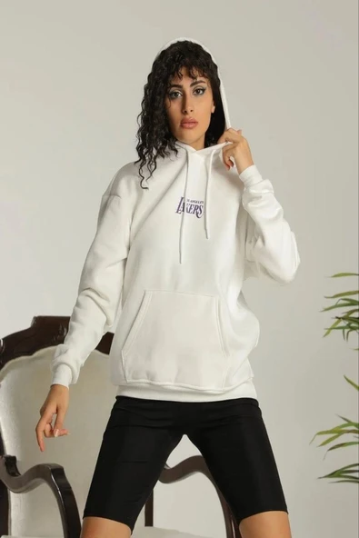 Kadın Oversize Kapüşonlu Cepli Baskılı 3 İplik Pamuklu Hoodie Sweatshirt - Beyaz ürün görseli 1