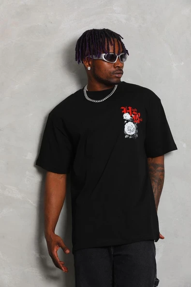 Erkek Kısa Kol Yazlık Tişört Bisiklet Yaka Baskılı Oversize T-Shirt - Siyah ürün görseli 1