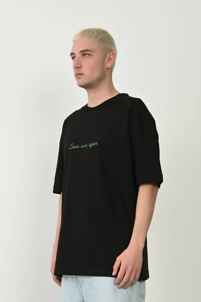Erkek Baskılı T-Shirt Kısa Kol Bisiklet Yaka Rahat Kalıp Tişört  - Siyah ürün görseli 1
