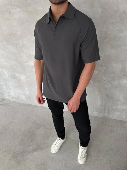 Erkek Polo Yaka Tişört Patlı Kısa Kol Yazlık T-shirt - Antrasit ürün görseli 1