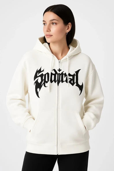 Kadın Kapüşonlu 3 İplik Pamuklu Önü Baskılı Fermuarlı Oversize Hoodie Sweatshirt - Beyaz ürün görseli 1