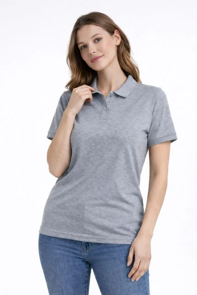 Kadın Polo Yaka Tişört Pike Kumaş Kısa Kol Regular Fit Yazlık T-Shirt - Gri ürün görseli 1
