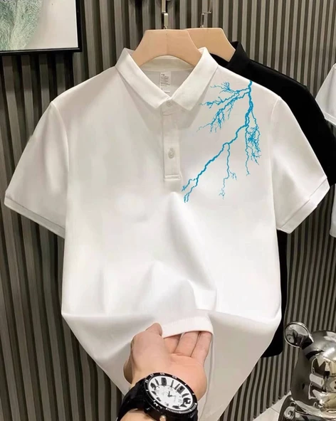 ERKEK Polo Yaka Tişört Düğmeli Pike Yıldırım Baskılı T-Shirt - Beyaz ürün görseli 1