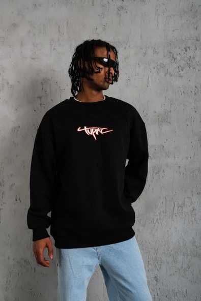 Erkek 3 İplik Pamuklu Bisiklet Yaka Gangster Baskılı Sweatshirt - Siyah ürün görseli 1