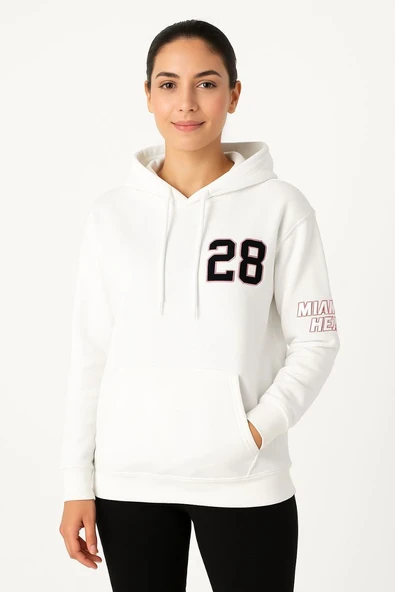 Kadın Kapüşonlu Kanguru Cepli Sweatshirt 3 İplik Pamuklu Baskılı Hoodie - Beyaz ürün görseli 1