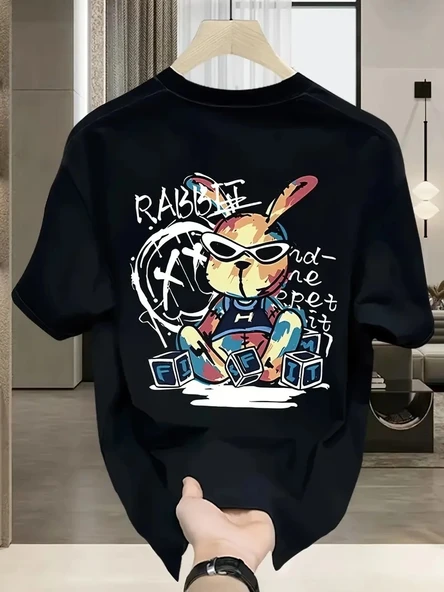 Erkek T-shirt Tavşan Baskılı Kısa Kollu Tişört - Siyah ürün görseli 1