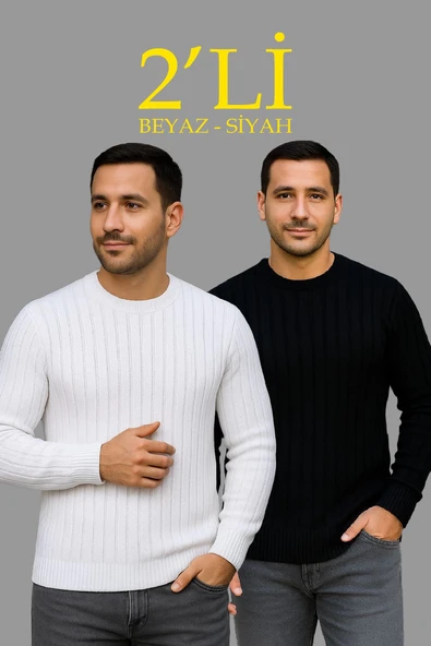 Erkek Fitilli Triko Kazak 2 li Set Siyah Beyaz Kalın Dokuma Pamuklu Regular Fit Bisiklet ürün görseli 1