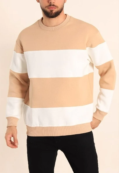 Erkek 3 iplik pamuklu Parçalı Bisiklet Yaka SweatShirt - Bej ürün görseli 1