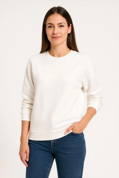 Kadın 3 İplik Pamuklu Düz Bisiklet Yaka SweatShirt - Beyaz ürün görseli 1