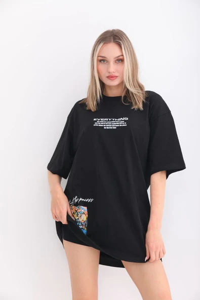 kadın  Bisiklet Yaka Baskılı Oversize T-Shirt - Siyah ürün görseli 1