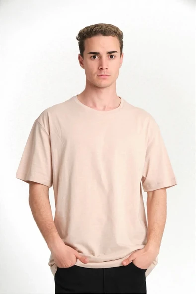 ERKEK Düz Tişört Bisikilet Yaka Kısa Kol Oversize T-shirt - Bej ürün görseli 1