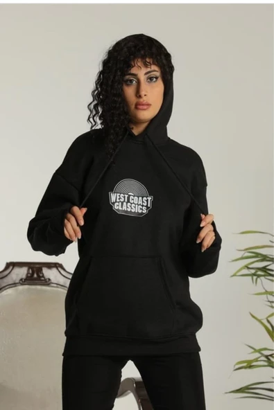 Kadın Oversize Kapüşonlu Cepli Baskılı 3 İplik Pamuklu Hoodie Sweatshirt - Siyah ürün görseli 1