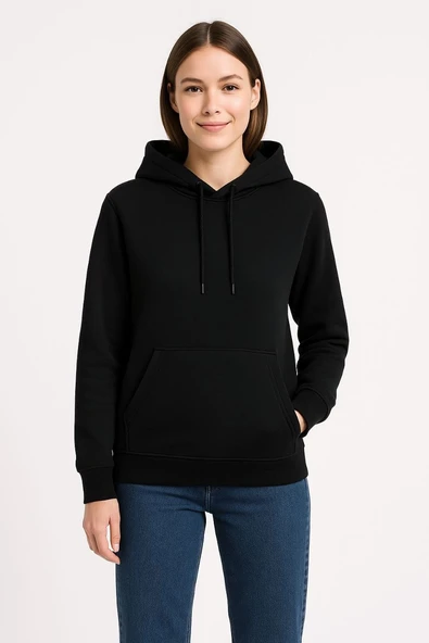 Kadın 3 İplik Pamuklu Kapüşonlu Kanguru Cepli Sweatshirt hoodie - Siyah ürün görseli 1
