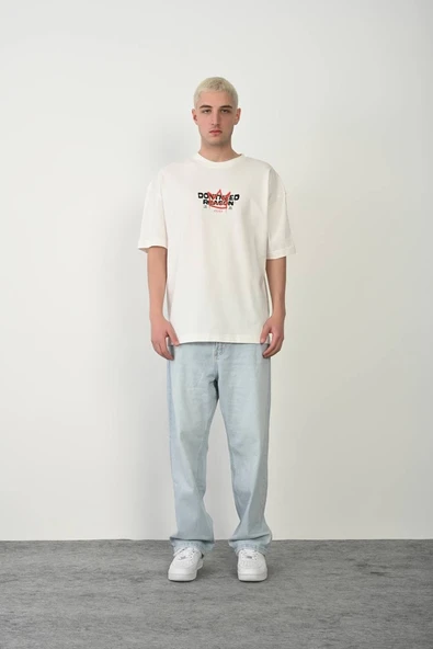 Erkek Kısa Kol Yazlık Tişört Bisiklet Yaka Baskılı Oversize T-Shirt - Beyaz ürün görseli 1
