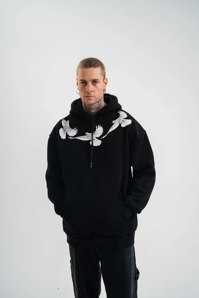 Erkek 3 İplik Pamuklu Kapüşonlu Baskılı Cepli Oversize Sweatshirt Hoodie - Siyah ürün görseli 1
