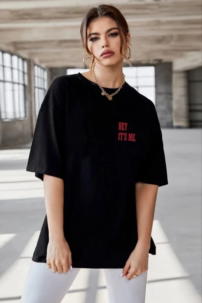 Kadın Baskılı T-Shirt Kısa Kol Bisiklet Yaka Oversize Rahat Kalıp Tişört - Siyah ürün görseli 1