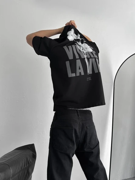 Erkek Ön ve Arka Baskılı T-Shirt Kısa Kol Bisiklet Yaka Regular Fit Tişört -  Siyah ürün görseli 1