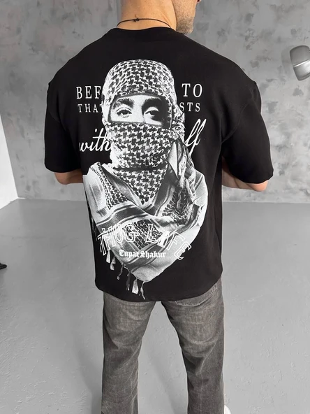 Erkek Kısa Kol Tişört Bisiklet Yaka Filistin Poşulu Baskılı T-Shirt - Siyah ürün görseli 1