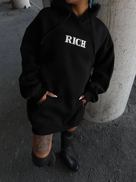 Kadın Kapüşonlu Kanguru Cepli Sweatshirt 3 İplik Pamuklu Baskılı Hoodie - Siyah ürün görseli 1