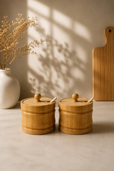 2'li Bambu Baharatlık Seti Kaşıklı Kapaklı Tuzluk Şekerlik Kahve ve Baharat Saklama Kavanozu 9x9 cm ürün görseli 1