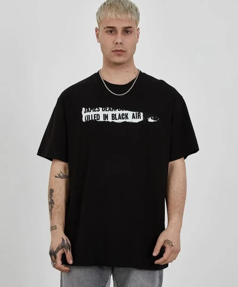 Erkek Kısa Kol Yazlık Tişört Bisiklet Yaka Baskılı Oversize T-Shirt - Siyah ürün görseli 1