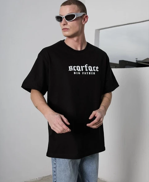 Erkek Kısa Kol Yazlık Tişört Bisiklet Yaka Baskılı Oversize T-Shirt - Siyah ürün görseli 1