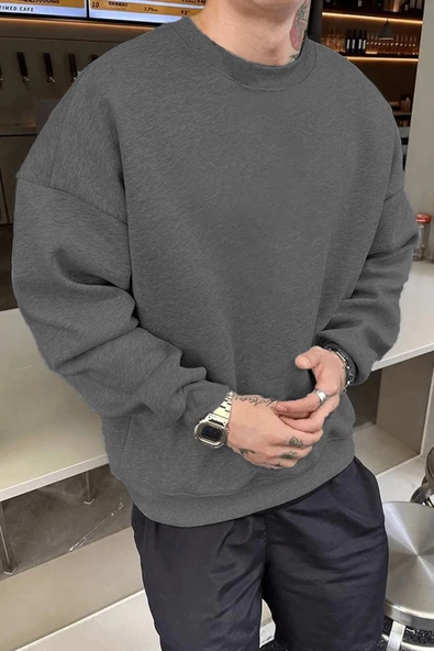 Erkek Düz Bisiklet Yaka 3 iplik pamuklu sweatshirt - Füme ürün görseli 1