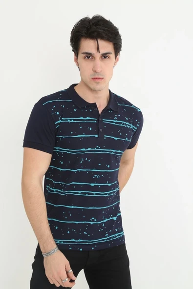 Erkek polo Yaka tişört Slim Fit Pike Çizgili  Kısa kol T-Shirt - Lacivert ürün görseli 1