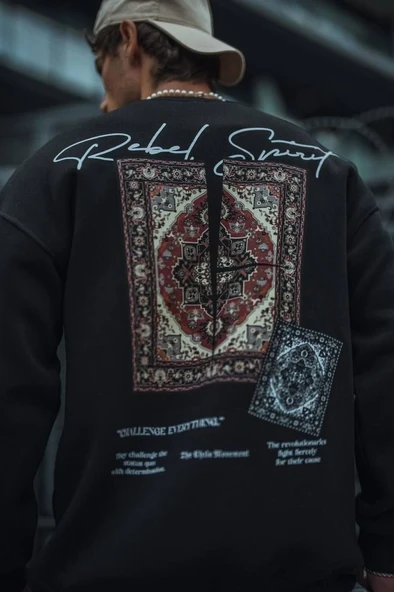 Erkek 3 iplik Pamuklu Bisiklet Yaka Baskılı SweatShirt - Siyah ürün görseli 1