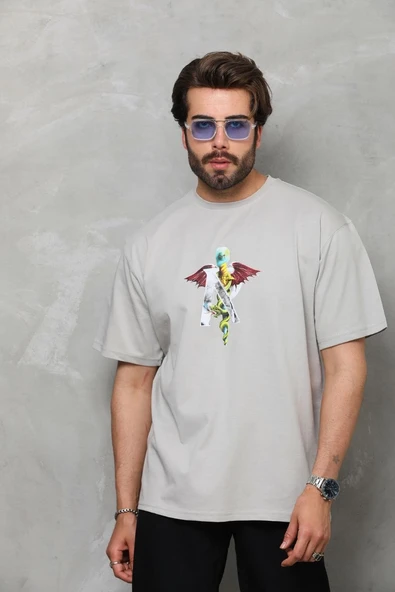 Erkek Baskılı T-Shirt Kısa Kol Bisiklet Yaka Regular Fit Rahat Kalıp Tişört -  Gri ürün görseli 1