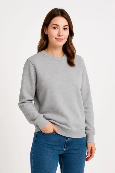 Kadın 3 İplik Pamuklu Düz Bisiklet Yaka SweatShirt - Gri ürün görseli 1
