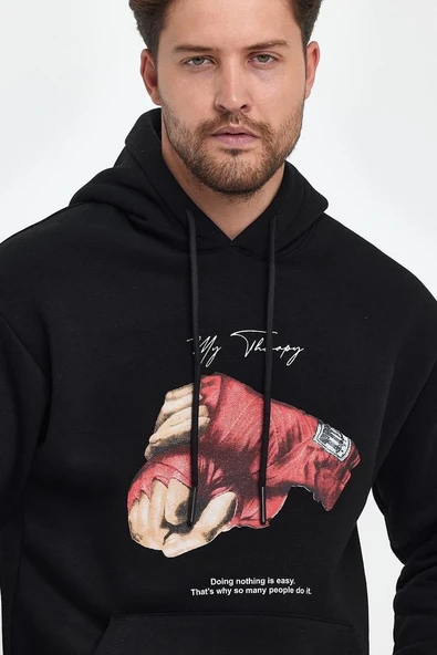 Erkek 3 İplik Pamuklu Kapüşonlu Cepli Boxy Eldiven Baskılı Hoodie Sweatshirt - Siyah ürün görseli 1