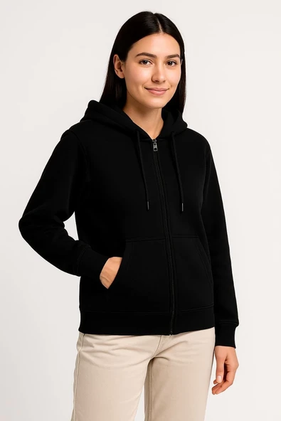 Kadın 3 İplik Kapüşonlu Tam Fermuarlı Kanguru Cepli Sweatshirt Hoodie - Siyah ürün görseli 1