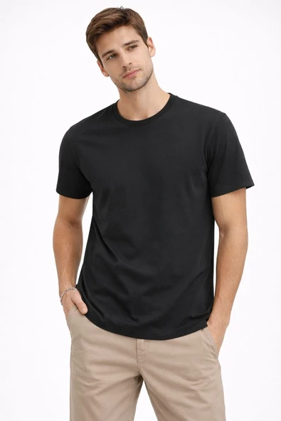 Erkek Bisiklet Yaka Yazlık Kısa kol Düz Tişört Regular Kalıp T-shirt - Siyah ürün görseli 1