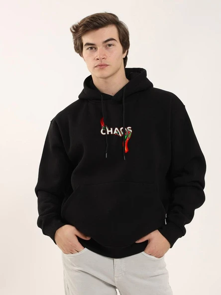 Erkek 3 İplik Pamuklu Kapüşonlu Baskılı Cepli Oversize Sweatshirt Hoodie - Siyah ürün görseli 1