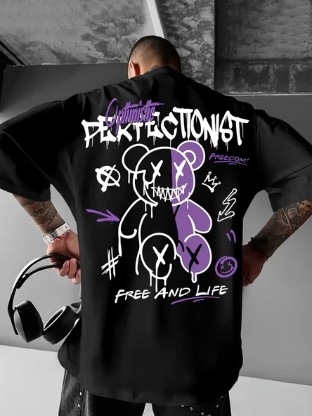 Erkek T-shirt Baskılı Bisiklet Yaka Kısa Kol Tişört - Siyah ürün görseli 1