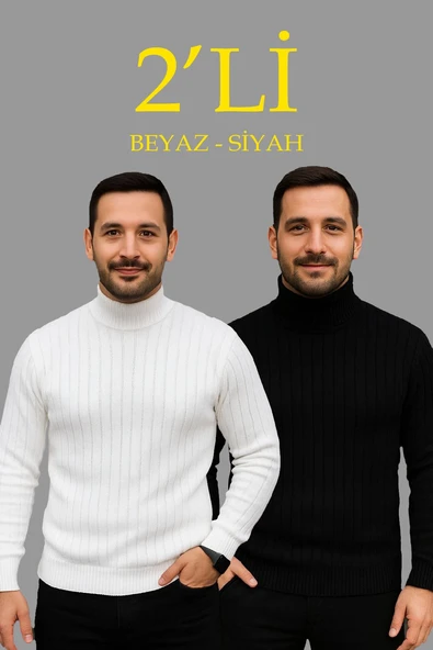 Erkek Fitilli Kazak Tam Boğazlı Balıkçı Yaka Triko 2'li Set Beyaz-Siyah ürün görseli 1
