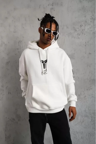 BErkek 3 İplik Pamuklu Kapüşonlu Baskılı Cepli Oversize Sweatshirt Hoodie - eyaz ürün görseli 1