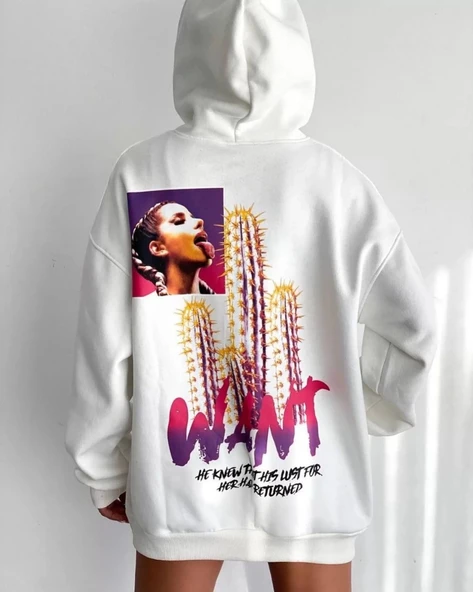 Kadın Oversize Kapüşonlu Cepli WANT Baskılı 3 İplik Pamuklu Hoodie Sweatshirt - Beyaz ürün görseli 1