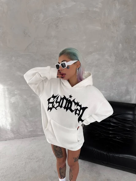Kadın Oversize Kapüşonlu Cepli Baskılı 3 İplik Pamuklu Hoodie Sweatshirt - Beyaz ürün görseli 1
