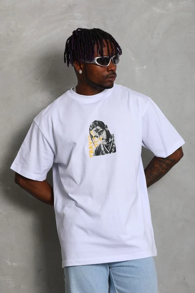 Erkek Baskılı Tişört Kısa Kol Bisiklet Yaka Oversize T-Shirt - Beyaz ürün görseli 1