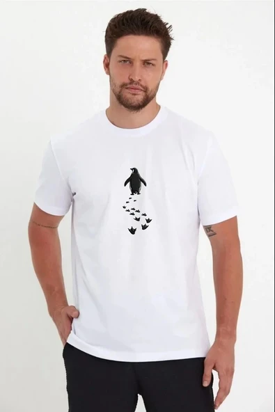 Erkek T-Shirt Nihilist Penguen Baskılı Bisiklet Yaka Kısa kol yazlık Tişört - Beyaz ürün görseli 1