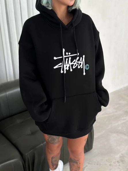 Kadın Oversize Kapüşonlu Cepli Baskılı 3 İplik Pamuklu Hoodie Sweatshirt - Siyah ürün görseli 1