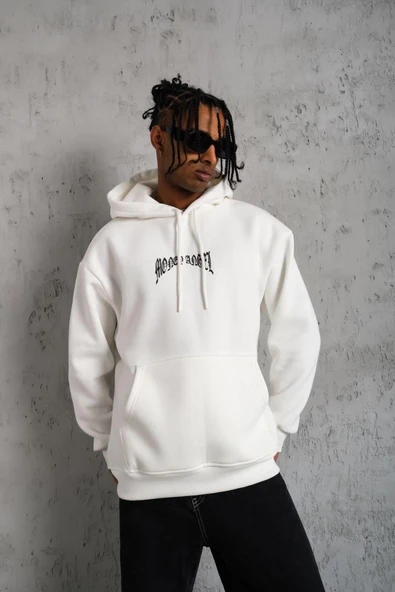 Erkek 3 İplik Pamuklu Baskılı Kapüşonlu Cepli Sweatshirt Hoodie - Beyaz ürün görseli 1